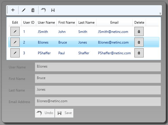 Figure 1: The sample application with a user list and detail user controls