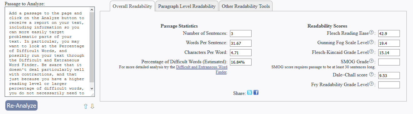 Figure 11: Readability Analyzer results 