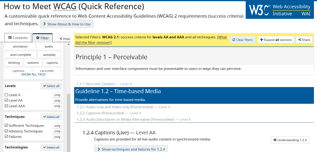 Figure 6: The How to Meet WCAG Quick Reference filters section 