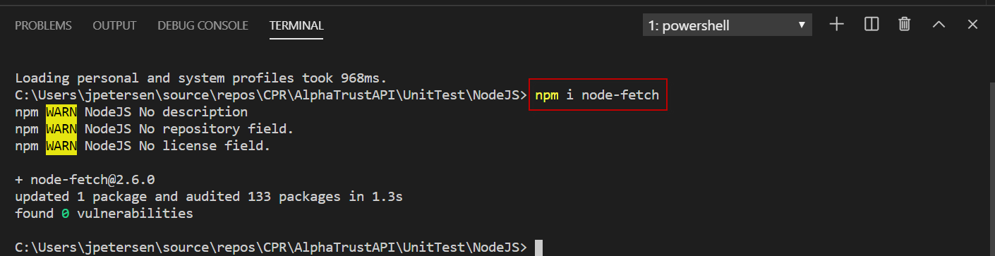 Figure 1: The node-fetch npm package installation.