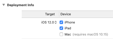 Figure 31: The target for the iOS project must be set to at least iOS 12.0.