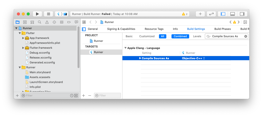 Figure 32: Setting the correct value for the “Compile Sources As” setting in Xcode