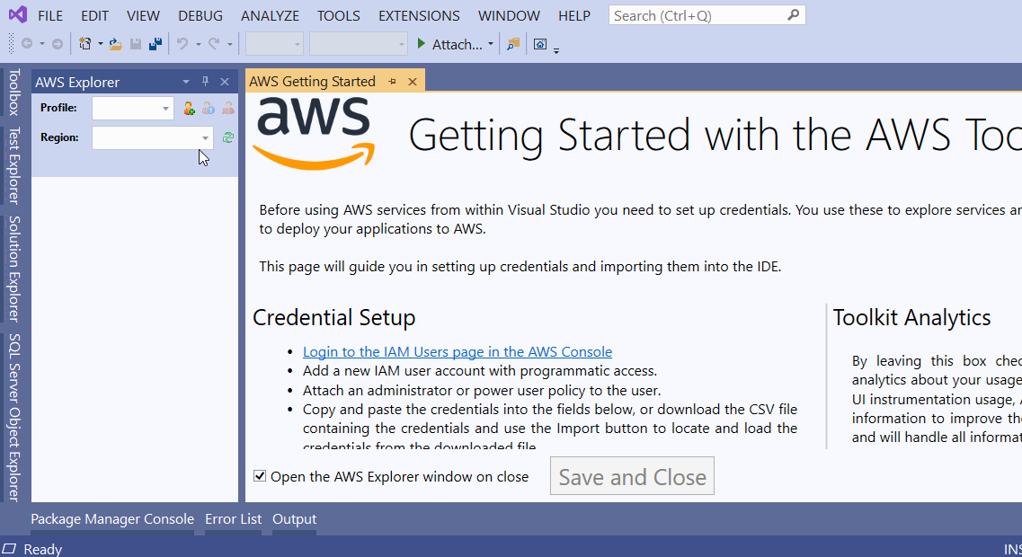 Figure 1: The AWS Toolkit's Getting Started page before any credentials have been entered
