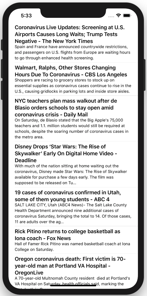 Figure 16: Displaying the news headlines using the List view