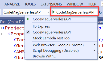 Figure 4: Targeting the project to run locally using .NET's Kestrel server