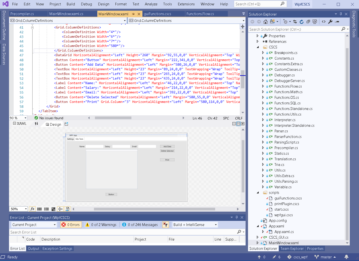 Figure 1: Microsoft Visual Studio 2019 WPF Project with integrated CSCS Scripting