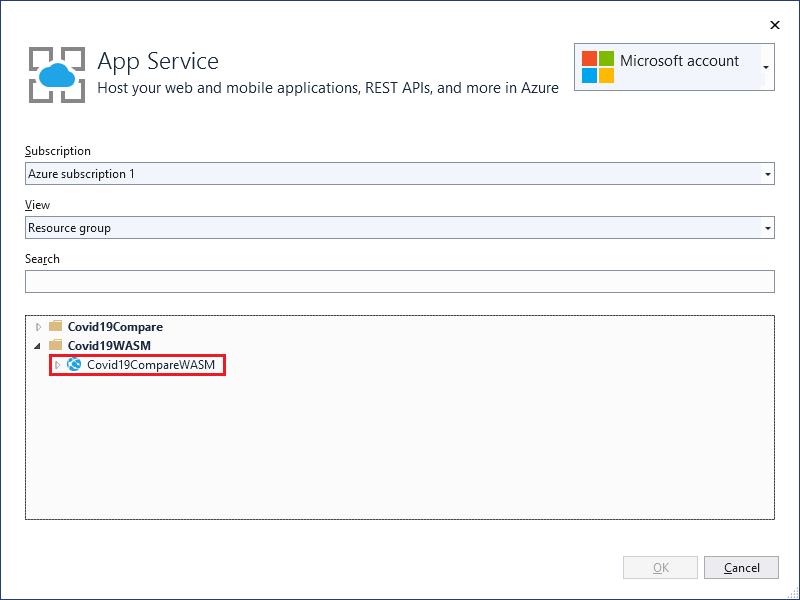 Figure 5: Select the App Service you created in MS Azure to deploy your client-side Blazor application.