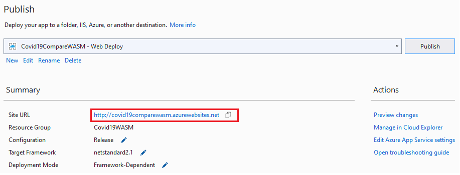 Figure 6: Publishing the client-side Blazor application to MS Azure