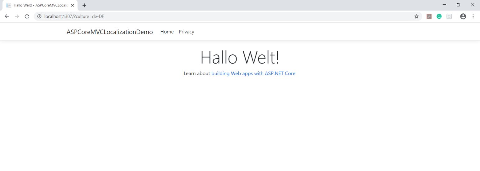 Figure 2: The text message “Hello World” is displayed using the German locale in the Web browser