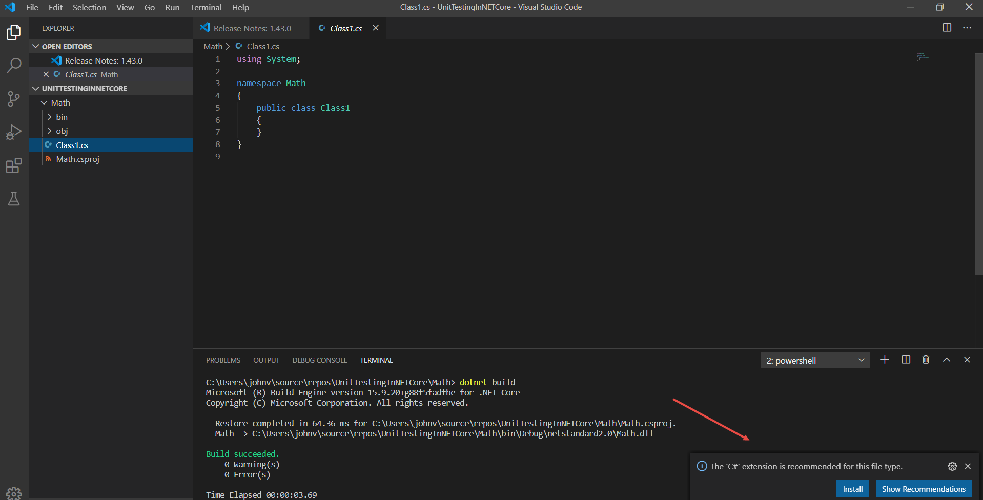 Figure 10: The OmniSharp Extension enables VS Code to understand how to work with C# and compile files. 