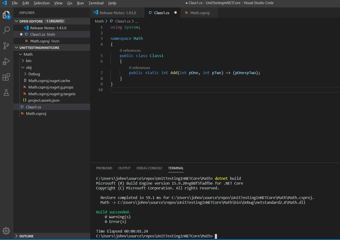 Figure 11: With OmniSharp installed, you can build C# projects in VS Code. 