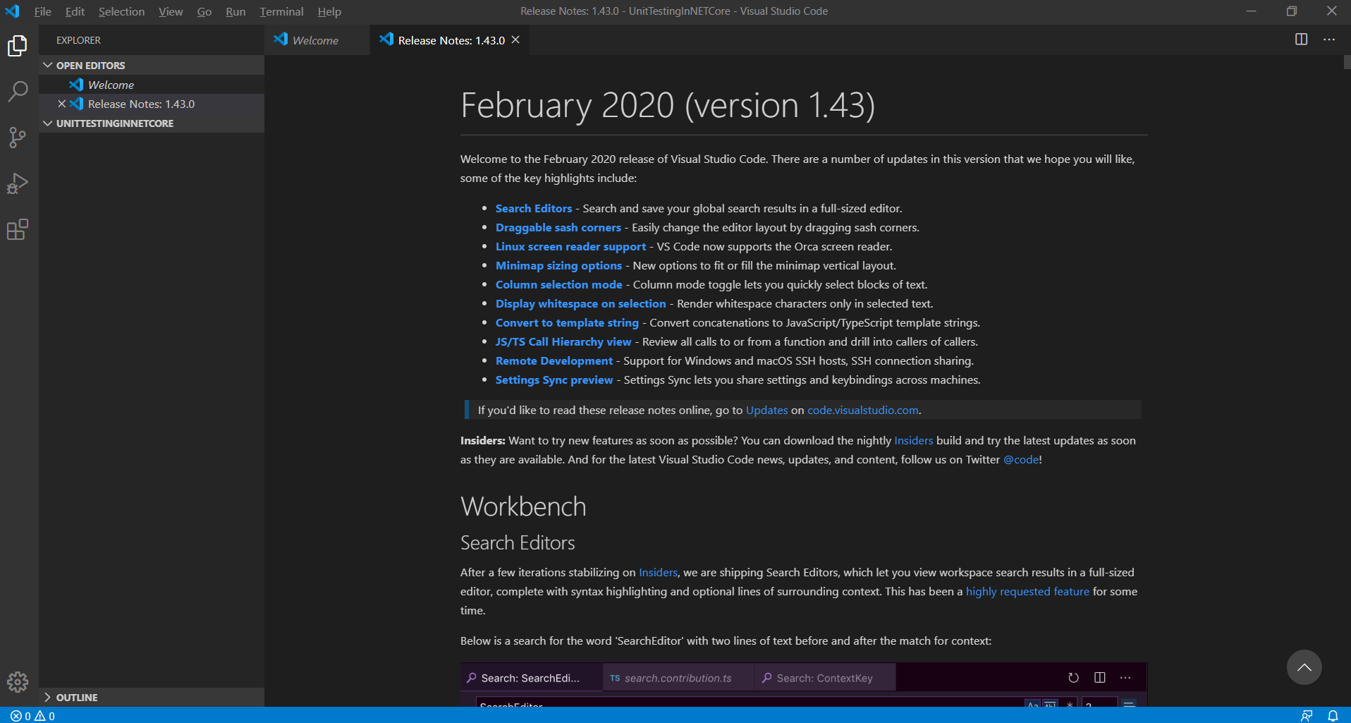 Figure 2: VS Code provides ready access to release notes for the version installed on your workstation.