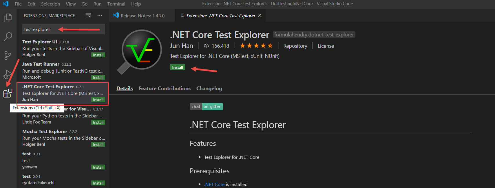 Figure 4: For many of the things that are automatically available in Visual Studio, you must install an extension in VS Code. 