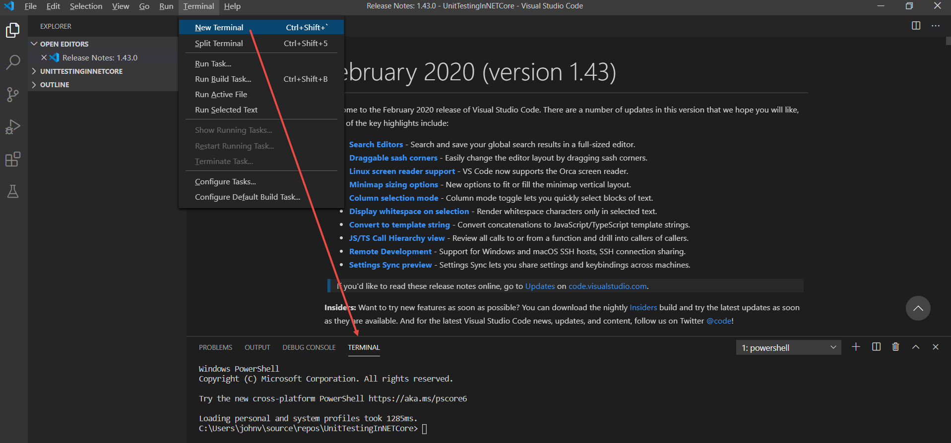 Figure 6: Many of the tasks you carry out in VS Code, like creating new projects, are done via a PowerShell Terminal instance. 