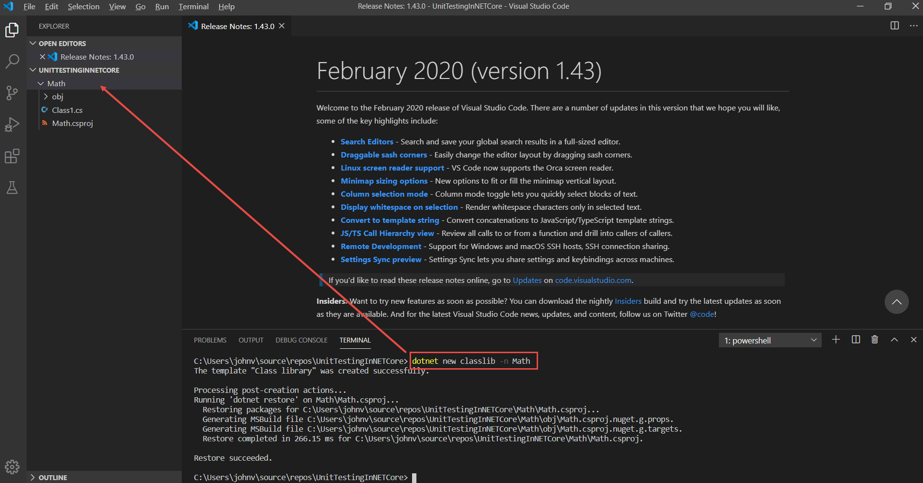 Figure 7: Many of the tasks you carry out in VS Code, like creating new projects, are via a PowerShell Terminal instance. 