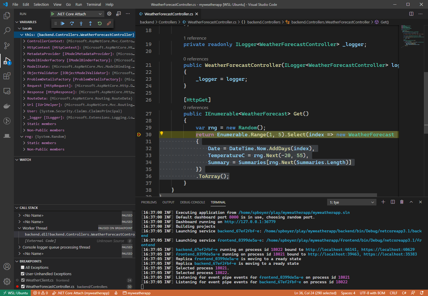 Figure 8: Debugging services in VS Code, using the WSL and editing on Ubuntu