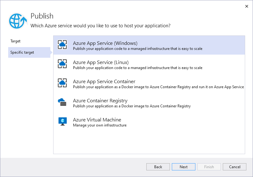 Figure 4: The Publish dialog after selecting Azure as the target