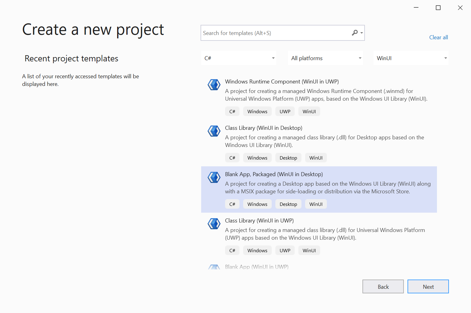 Figure 11: The WinUI template in the New Project dialog 