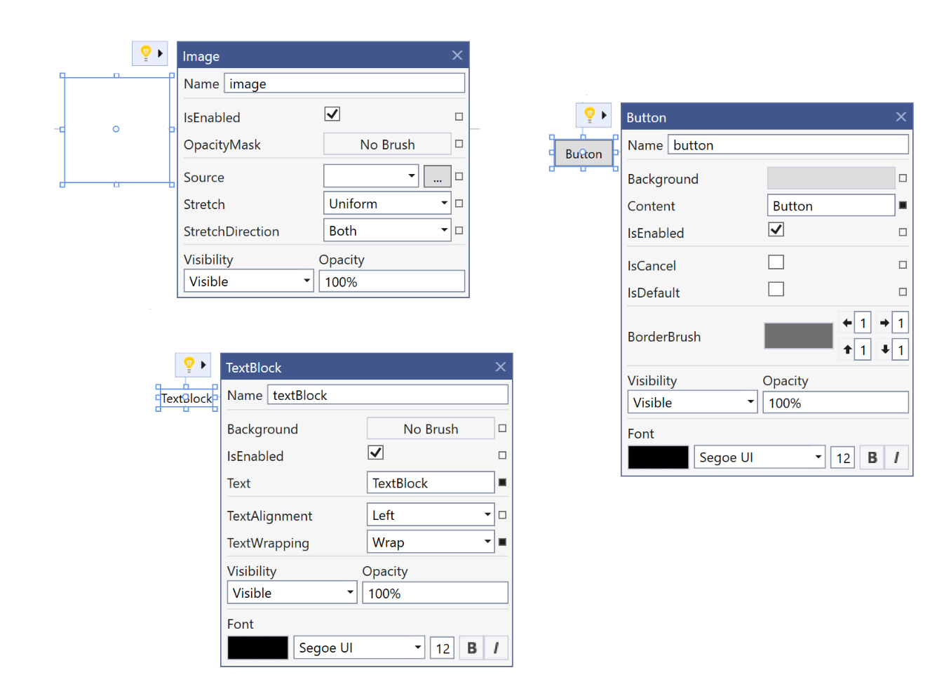 Figure 6: Suggested Actions for Image, Button, and TextBlock in XAML designer