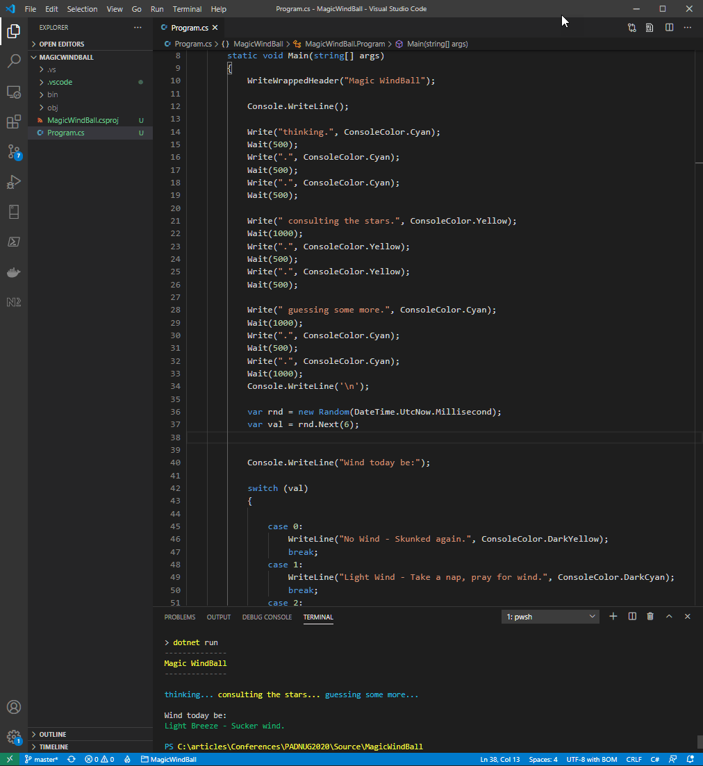 Figure 1: Opening and running the Console project in Visual Studio Code