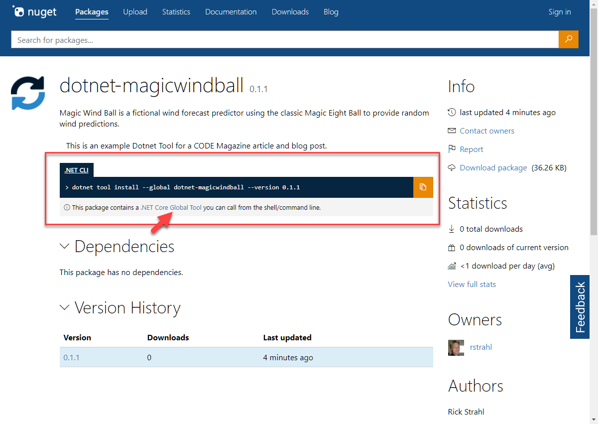 Figure 4: The published .NET Core Tool in the NuGet Package Store