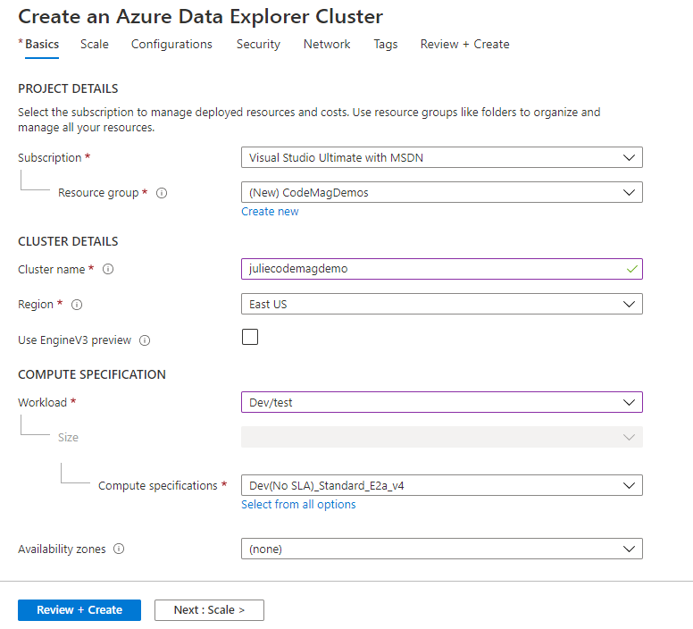 Figure 1: Creating a cluster in the Azure Portal