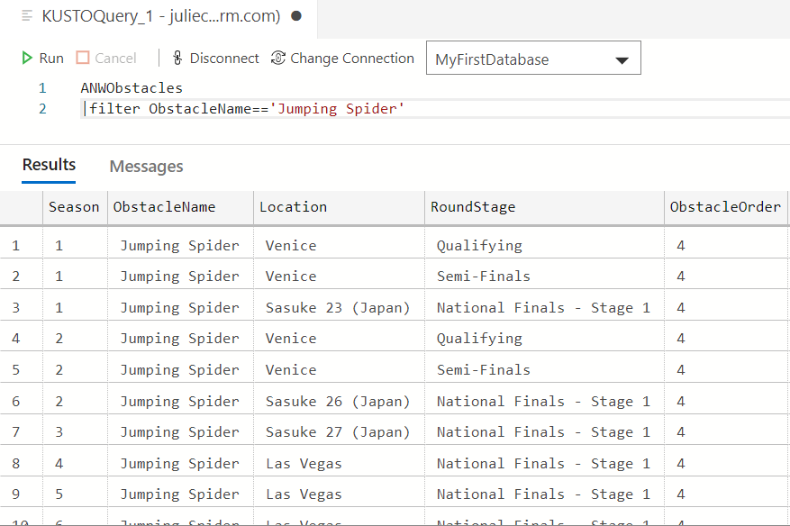 Figure 10: Connecting to a Kusto cluster and querying with the Kusto extension for Visual Studio Code