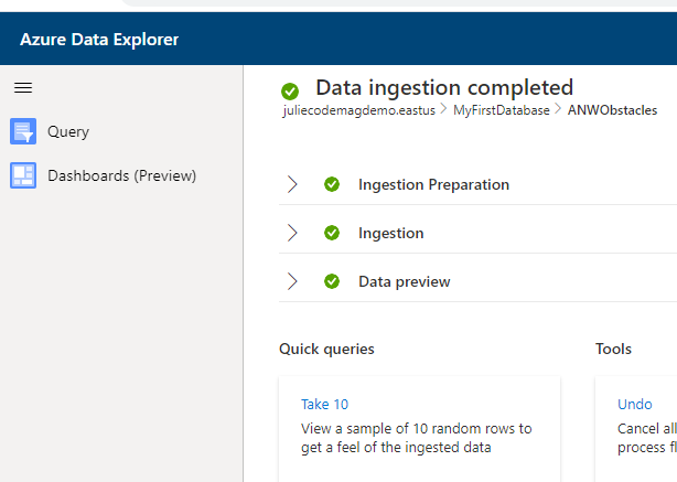 Figure 6: The explorer with its notification that data ingestion is complete