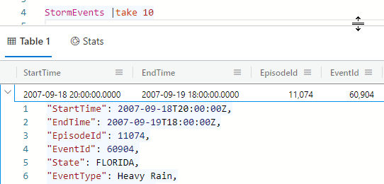 Figure 7: Expanding tabular results to see the JSON for a result row