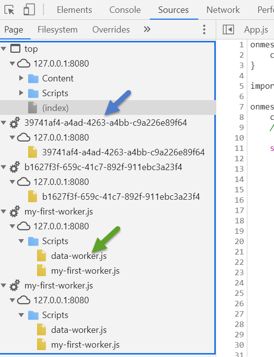 Figure 5: Chrome source tree showing inline Web Worker as well as sub-script code file