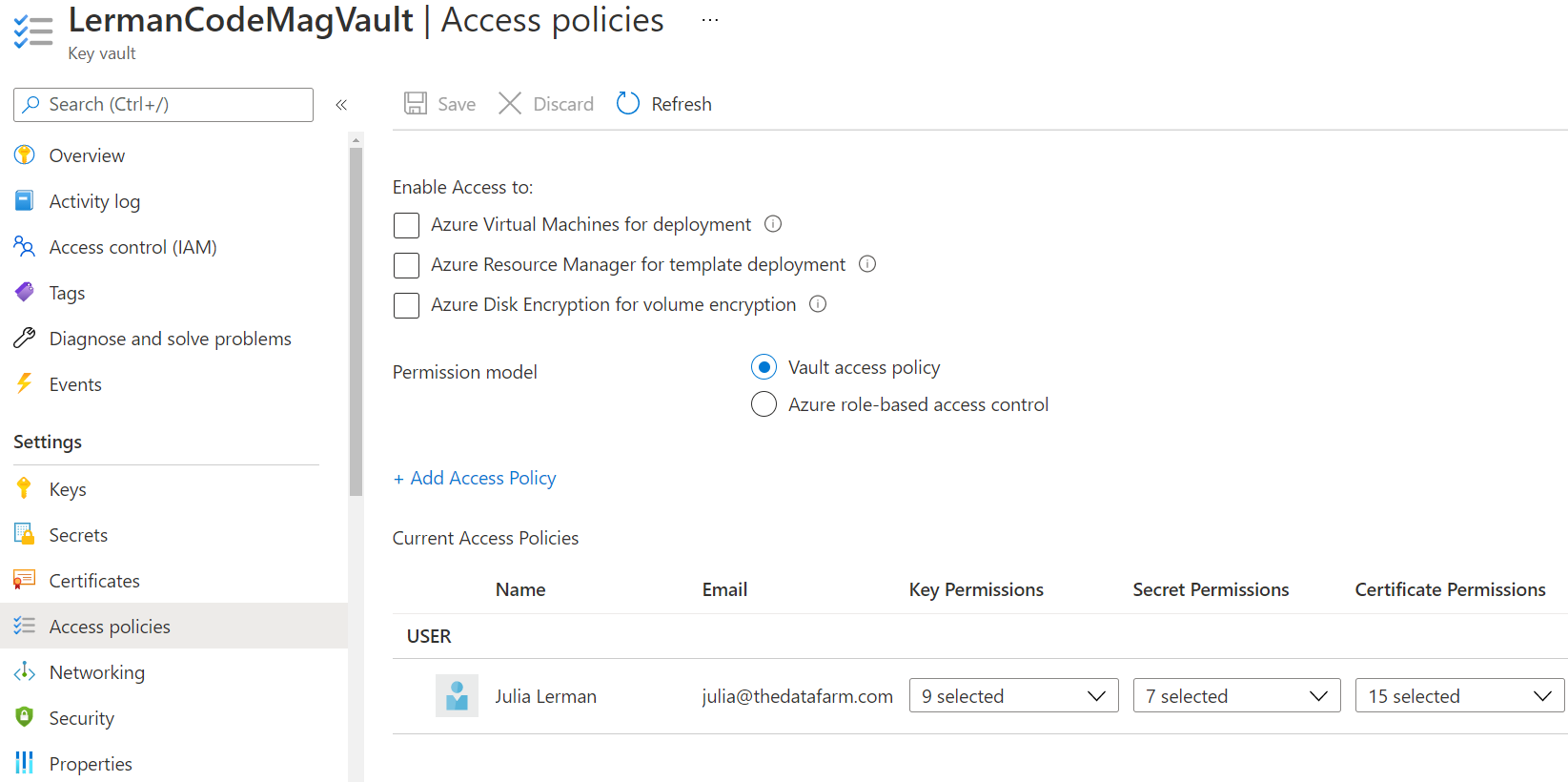 Figure 2:       The default access policy that allows my log in broad access to items in the LermanCodeMagVault Key Vault