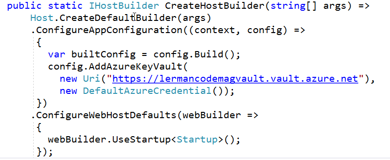 Figure 4: The updated CreateHostBuilder method includes logic to add the Key Vault as a configuration source