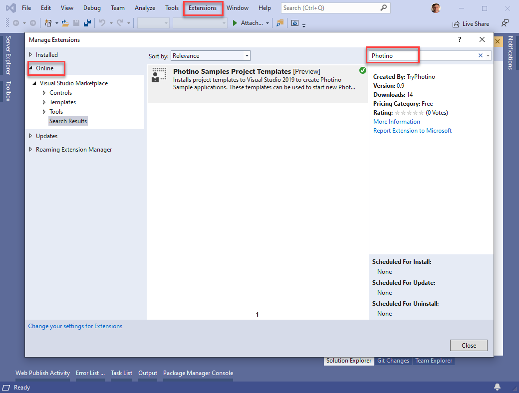 Figure 2: Visual Studio 2019 and later. Install the Photino Project Templates.