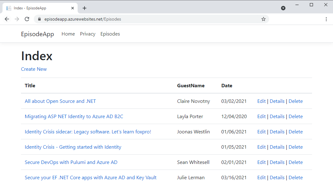 Figure 10: The Episodes page of the app running on Azure