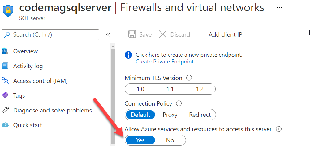 Figure 4: Allowing Azure services to access the Azure SQL Server
