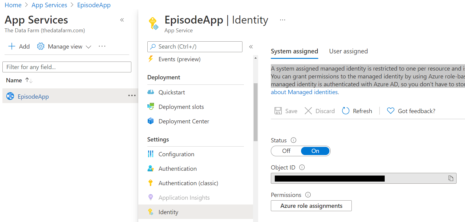 Figure 5: Inspecting the system-assigned identity of the EsisodeApp