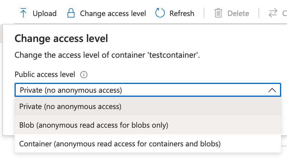 Figure 1: Set anonymous access on a container.