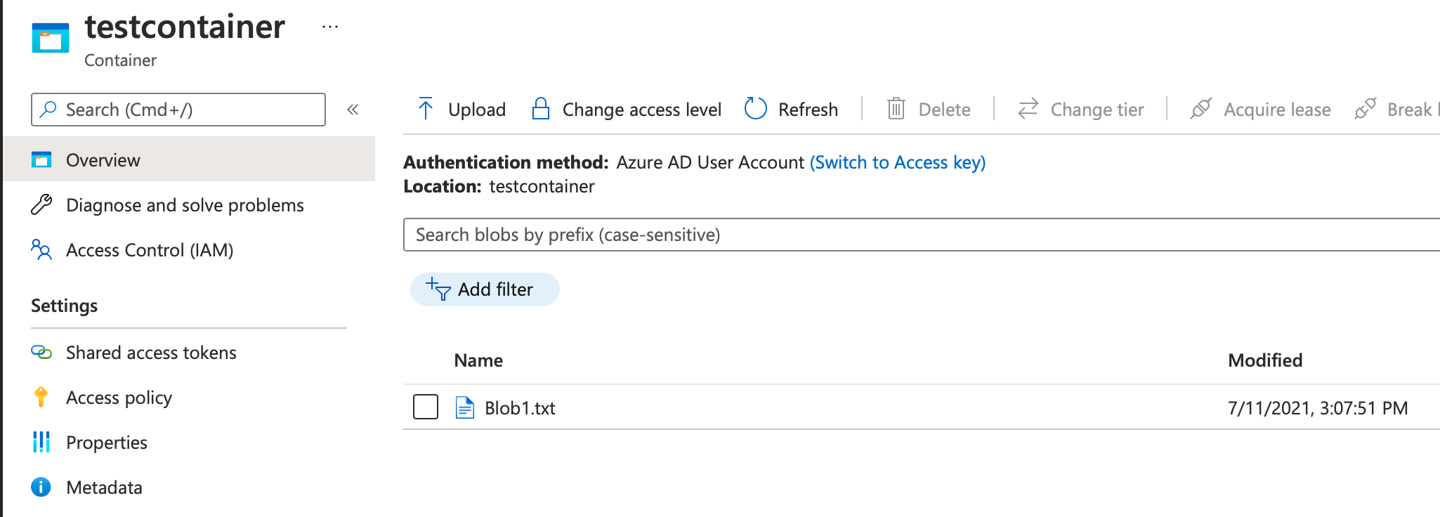 Figure 12: A newly created blob using AAD authentication