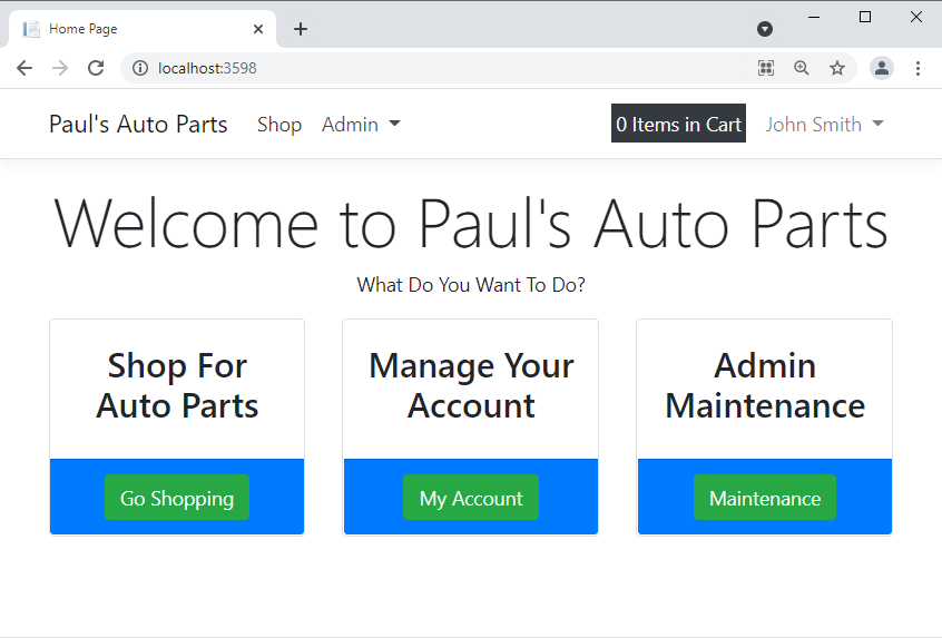 Figure 1: The home page of the Paul's Auto Parts application