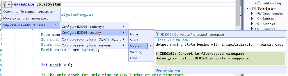 Figure 14: Configure code style severity for the new C# 10.0 file-scoped namespace