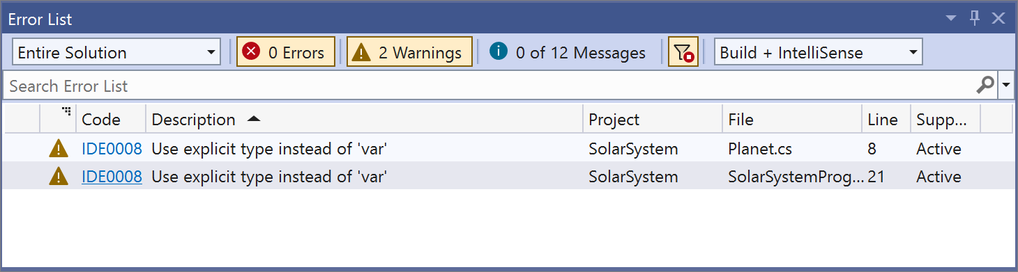 Figure 16: Error List shows warnings present in your code
