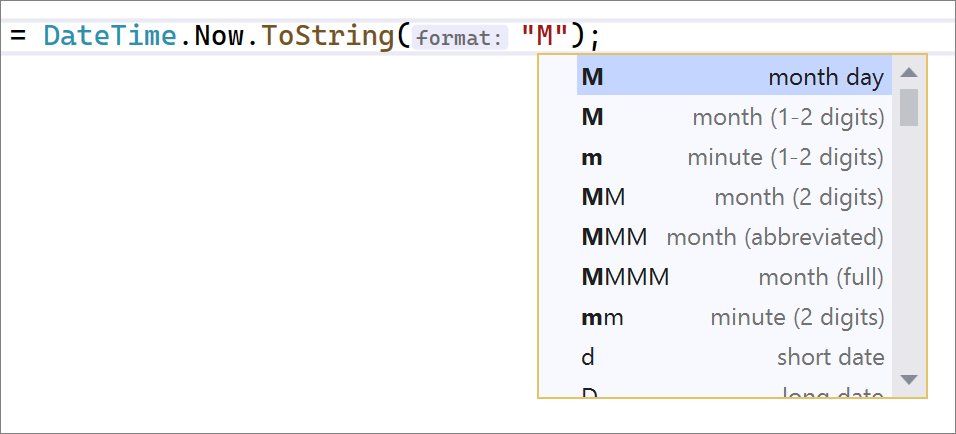 Figure 18: IntelliSense completion in DateTime and TimeSpan string literals for both C# and Visual Basic