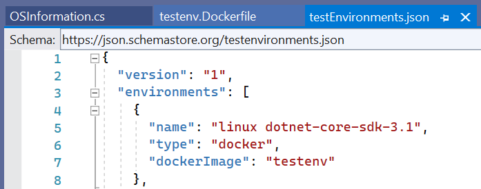 Figure 30: The testenvironment.json for local Linux container