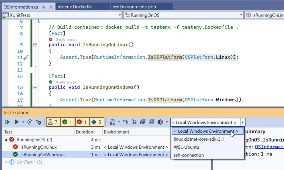 Figure 31: Remote testing drop-down in the Test Explorer