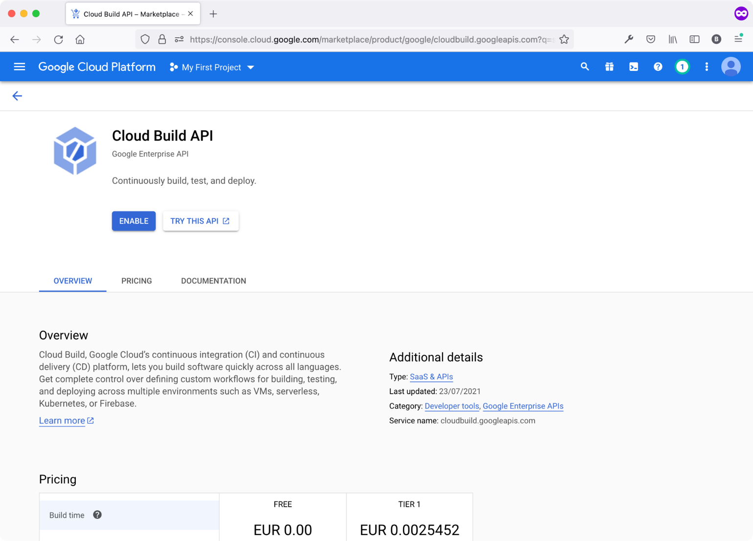Figure 10: Cloud Build API page