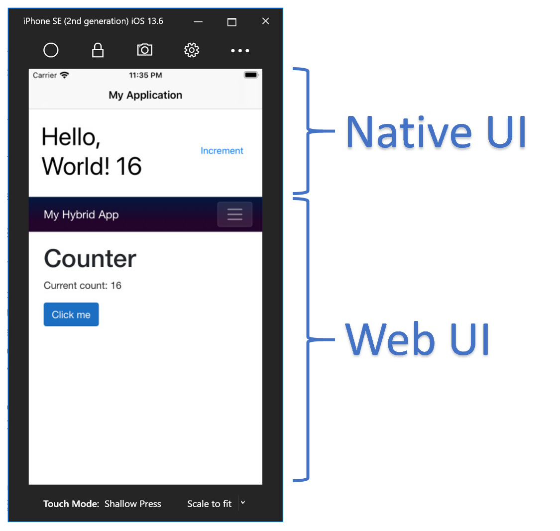Figure       11      : A .NET MAUI Blazor app with mixed Native and Web UI using a shared state.