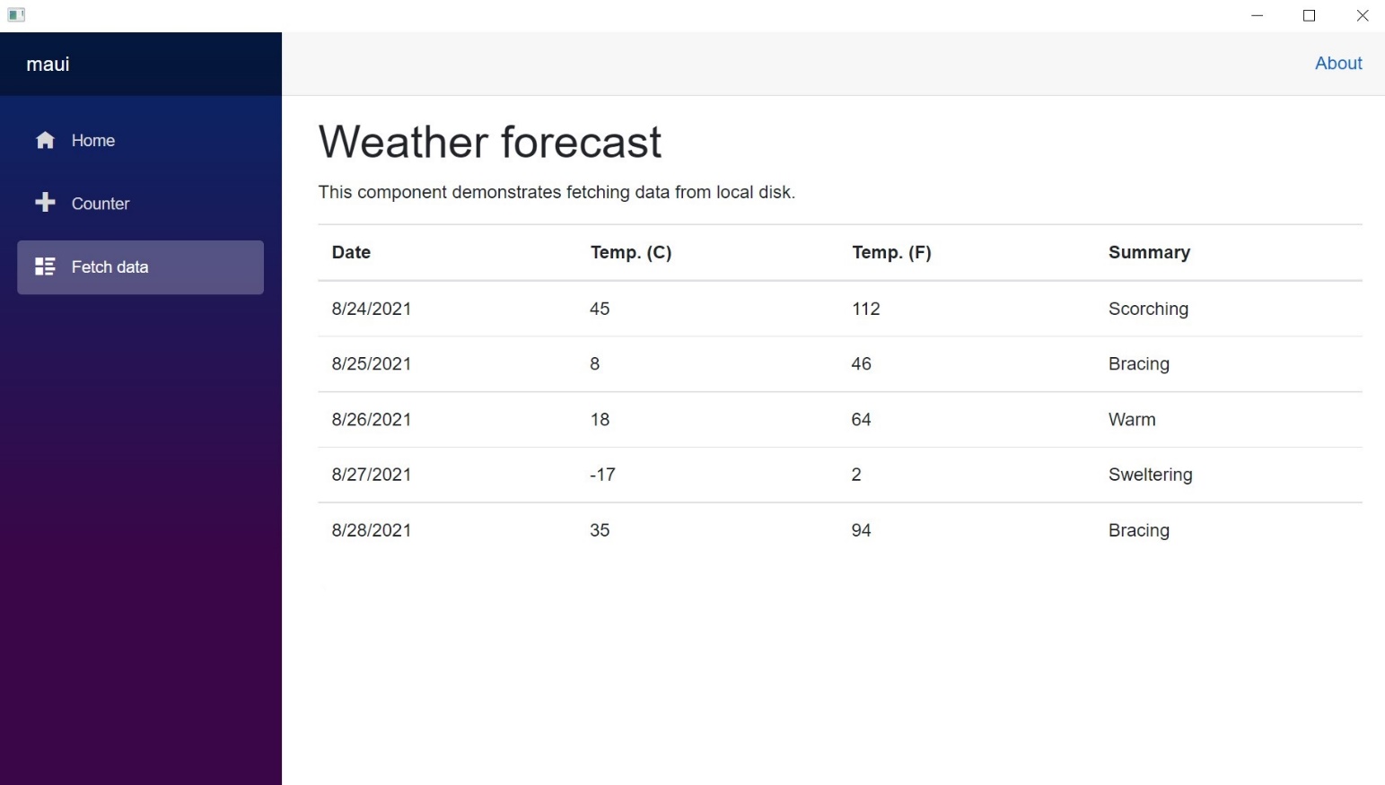 Figure       10      : A .NET MAUI Blazor app fetching data weather from disk, running Windows