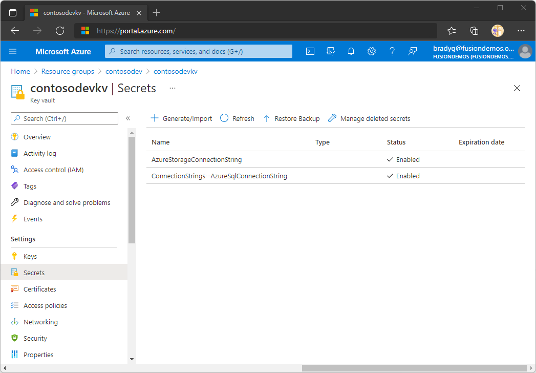 Figure       3: The SQL database and Azure Storage connection strings in Azure Key Vault