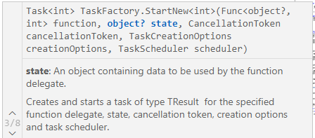 Figure 1: The StartNew() method accepts additional parameters to control how the task is created.