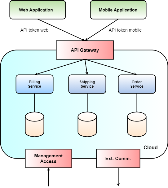 Figure 3: The microservices with an API gateway, a management access interface, and an outbound communication interface to the public Internet for external dependencies.